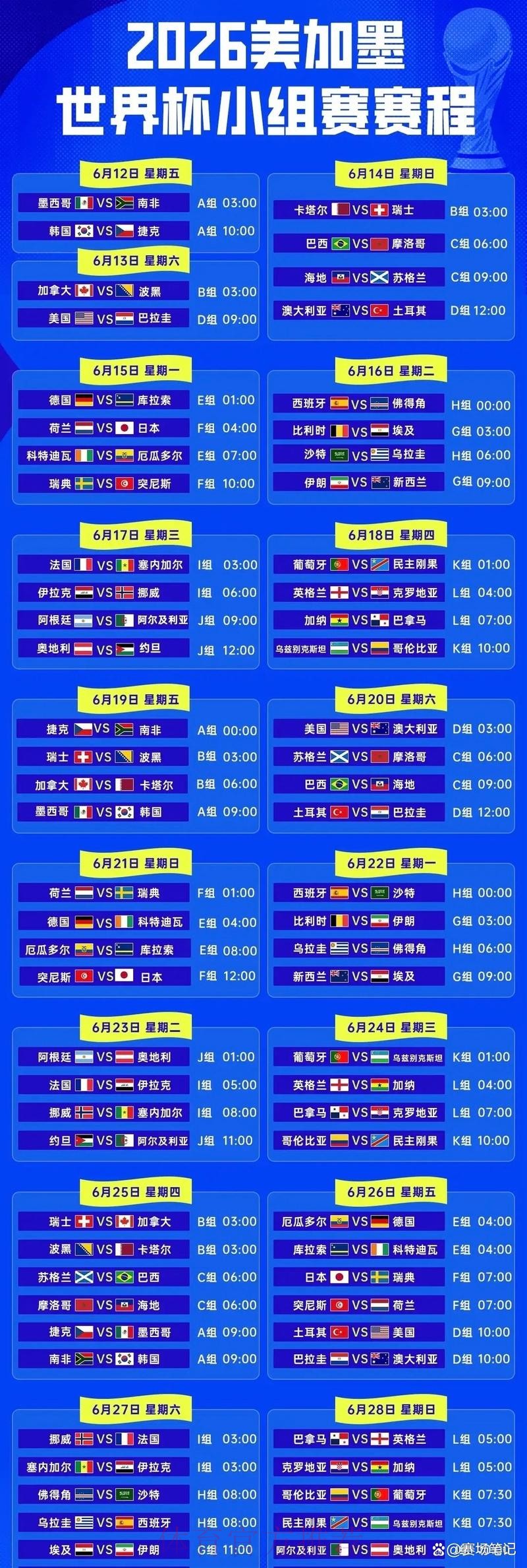 2026世界杯完整赛程公开 2026世界杯完整赛程公开